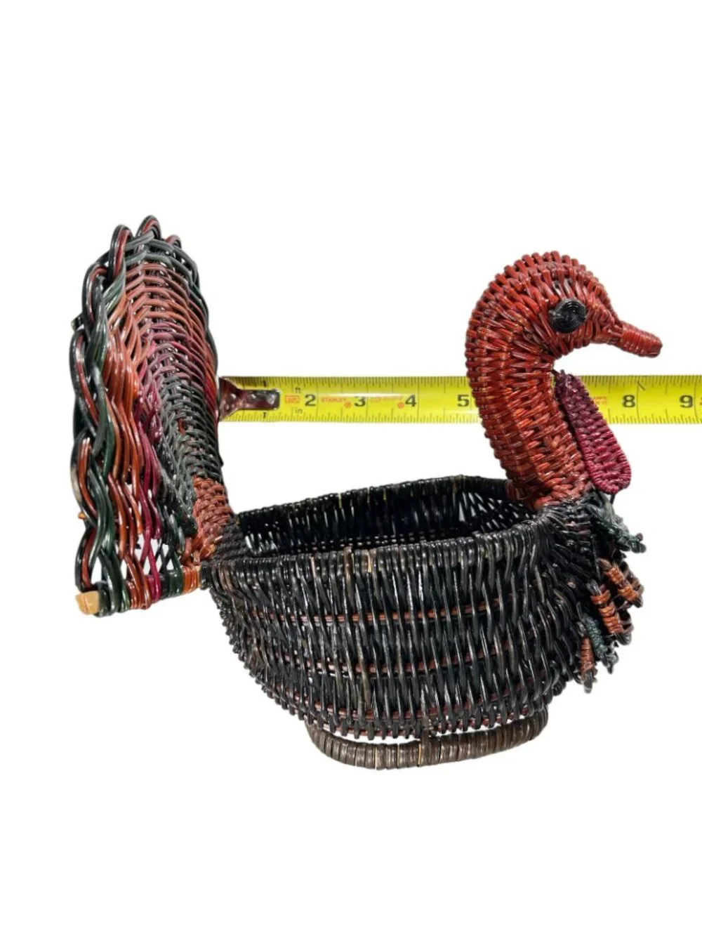 Vtg Wicker Turkey Basket Rattan Red Green Fall Bird Decor Handwoven Colorful